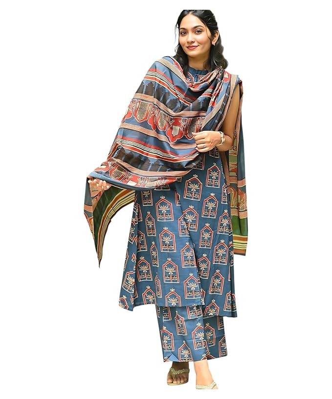 LookMark Women’s Cotton Blend Anarkali Printed Kurti Set with Bottom and Dupatta |Kurta Set for Women