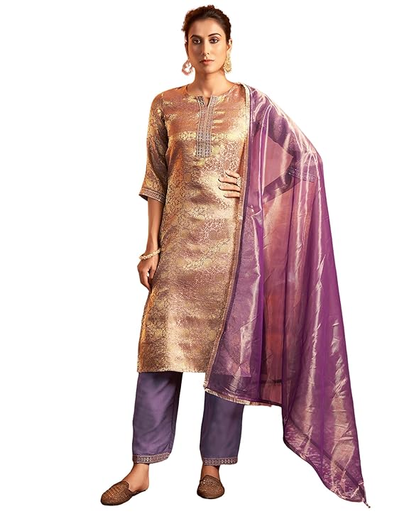 SIRIL Women’s Rayon Viscose Jacquard and Embroidery Lace Straight Kurta Pant with Dupatta Set