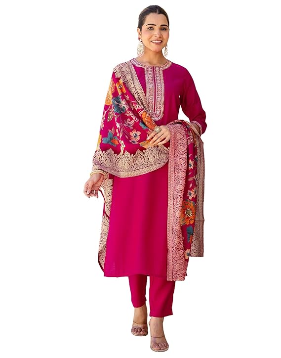 SKYLEE Women’s Silk Blend Embroidery and Sequins Work Straight Kurta with Pant & Dupatta