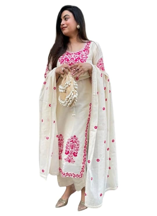 GoSriKi Women’s Rayon Viscose Embroidered Straight Kurta with Pant & Dupatta