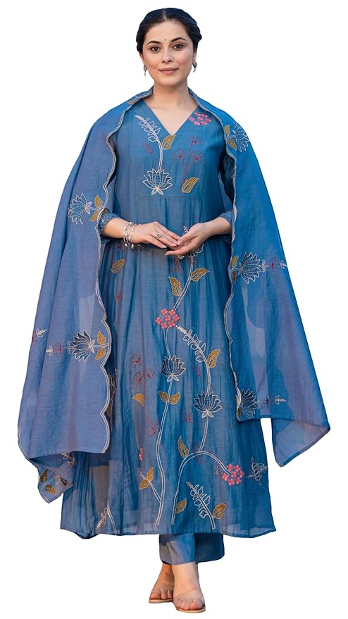 GoSriKi Women’s Elegant Chanderi Cotton Embroidered Anarkali Kurta Set with Dupatta for Women | Light Floral Print Suit for Wedding, Parties & Daily Use