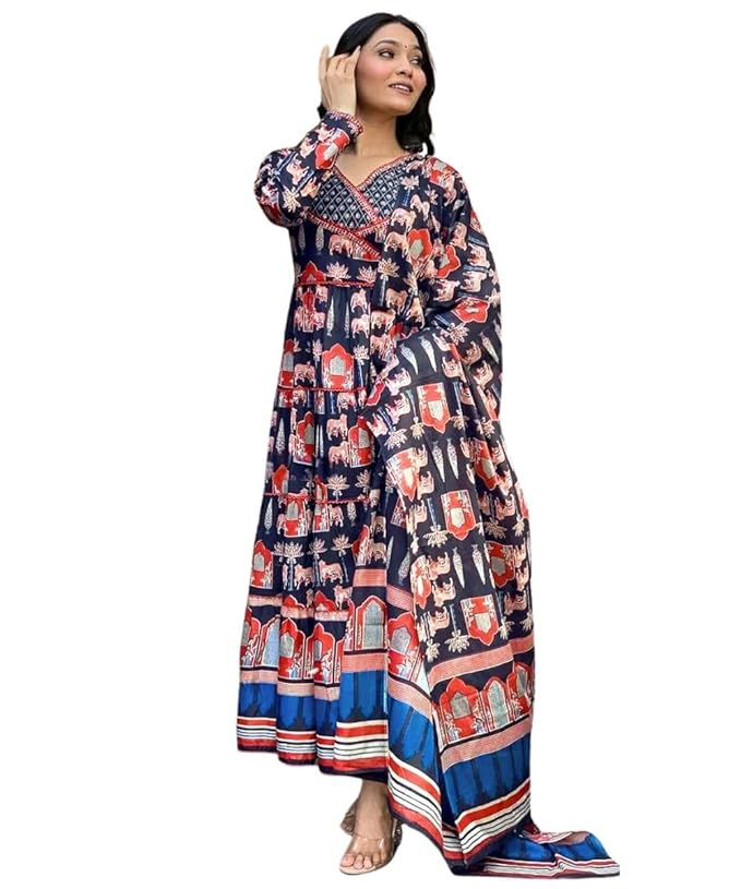 GRECIILOOKS Women’s Jaipuri Printed Anarkali Kurta Set with Dupatta | Cotton Blend Long Flared Ethnic Dress for Festive