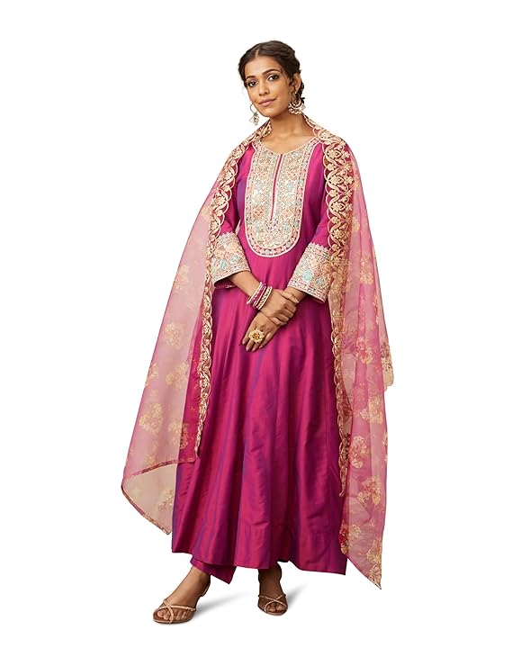 Amazon Brand – Myx Women’s Embroidered Anarkali Kurta Pant Set with Organza Dupatta | Viscose,Rayon | A-line fit