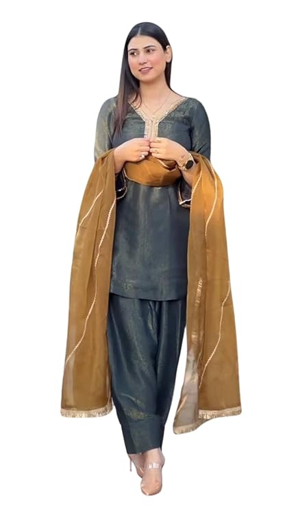 VS Trends Womens Heavy Roman Shimmer Silk Lace Border Kurta with Farshi Shalvar Silk Dupatta Full Sleeve V Neck Straight Kurti Set with Dupatta 3-Piece Ethnic Wear
