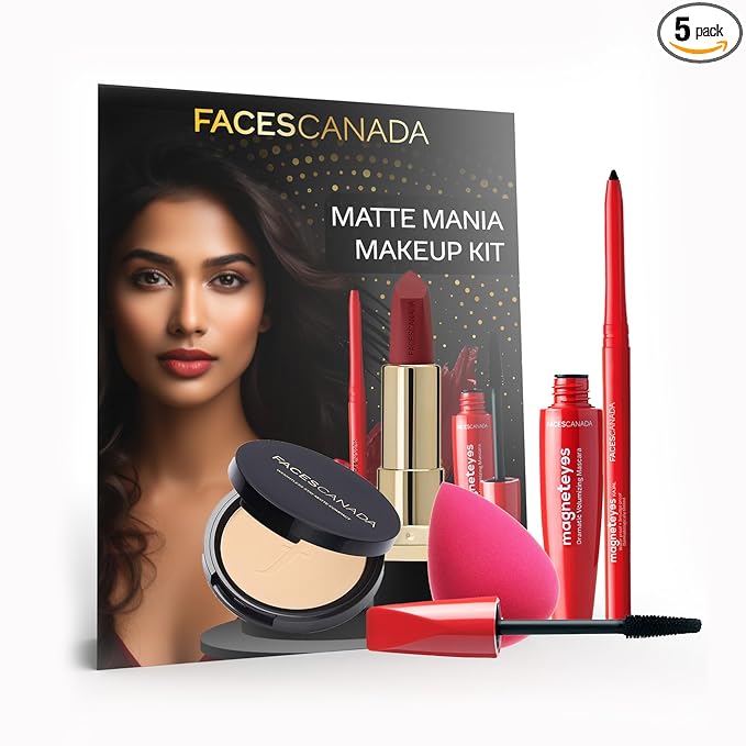 FACESCANADA Matte Mania Makeup Kit – Kajal (0.35g) + Lipstick (4.2g) + Compact (9g) + Mascara (9.5ml) + Beauty Blender | Pack of 5 | Makeup Kit For Women