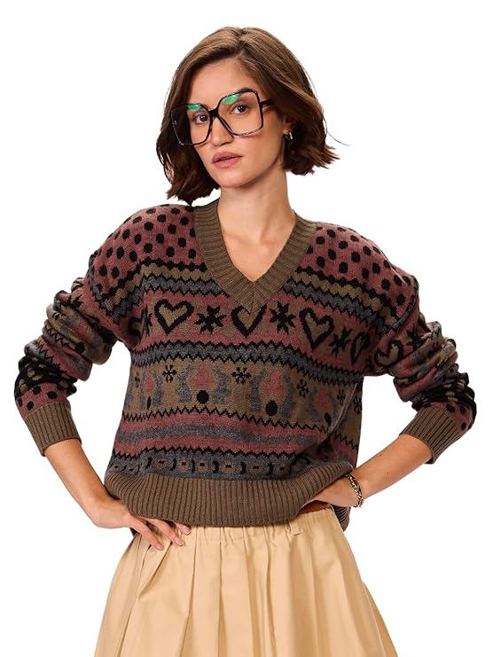 The Souled Store Auburn Women and Girls Long Sleeves Round Neck Multicolor All Over Printed Acrylic Oversized Sweaters