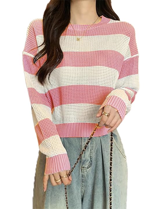 ICW Women’s Knitted Hollow Out Color Block Long Sleeve Stripe Pullover Top T-Shirt Dn65 (One Size Fit XS-S-M-L)