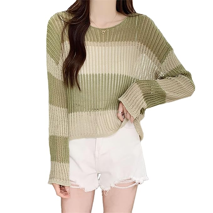 ICW Women’s Knitted Transparent Hollow Out Loose Round Neck Long-Sleeve Color Block Stripe Pullover Top T-Shirt Dn11 (ONE Size FIT S-M-L)