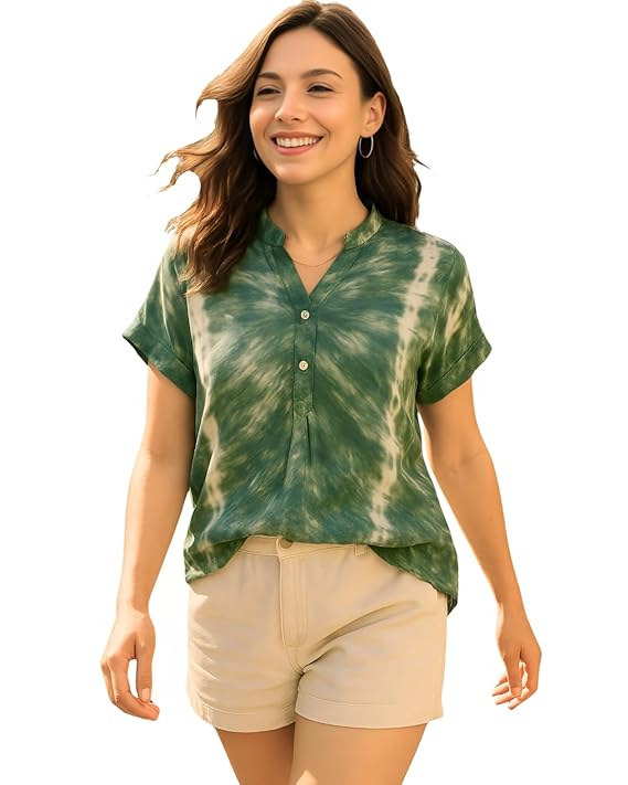 Maaesa Women Green Handcrafted Tie-Dye Rayon Loose Fit Top | Mandarin Collar | Short Sleeves | Lightweight & Breathable Fabric | Casual Wear & Office Wear