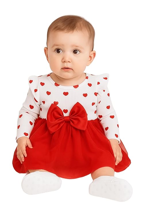 POSHIKHA Baby Girl Valentine’s Day Dress – Party Frock with Long Sleeve Outfit with Matching Headband | Infant to Toddler (3 Month – 4 Years)