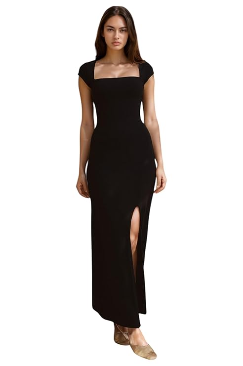 IUGA Black Lahariya Print Bodycon Maxi Dress with Square Neck and Front Slit