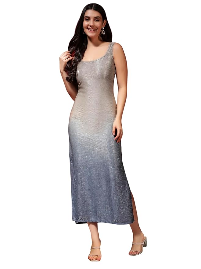 Vaararo Lycra Bodycon Sleeveless Party Dress for Women | Shimmer Glitter Fabric Midi Silver Navy Ombre Outfit