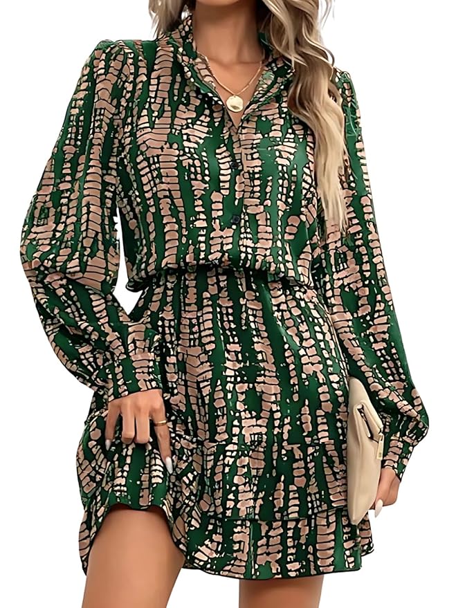 Leriya Fashion Women’s Western Shirt Dress | Long Sleeve Printed Mini Dress with Elastic Waist | Casual Button Down Short Dresses