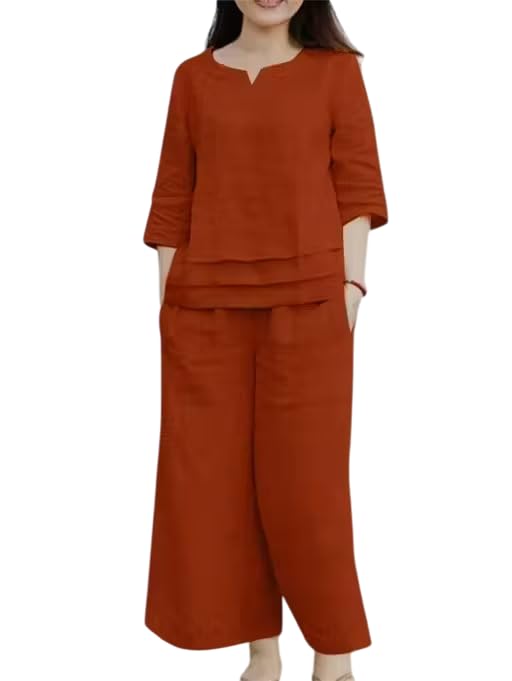 Women’s Cotton Linen Co-ord Set, 3/4 Sleeve Top with Wide-Leg Trousers, red