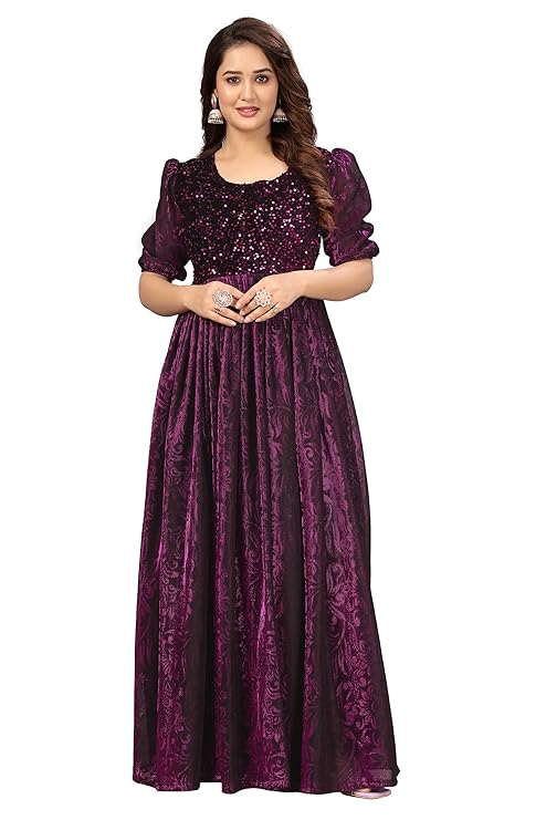 Elegant Women’s Long Gown | Anarkali Style | Flared Floor-Length Dress | Floral Emboss Print | Sequence Embroidery