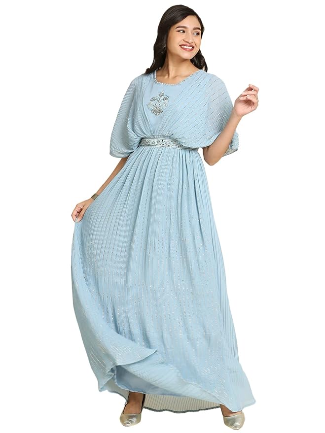 madhuram Women’s Long Gown for Solid Georgette with Heavy Embroidery and Hand Work Belt with Round Neck Gown(M-2408)