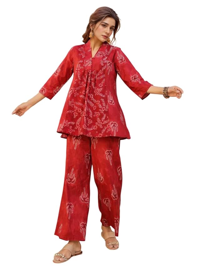 NAINVISH Women’s Floral Rayon Blend Co-ord Set | Straight V-Neck 3/4 Sleeve Top & Pant Ensemble | Elegant Blue, Red Styles | Ideal for Casual, Brunch, Festive Outings | Ladies Matching Outfit