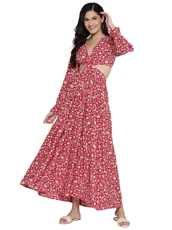 SASSAFRAS Women’s Poly Crepe Fit and Flare Ankle Length Casual Dress