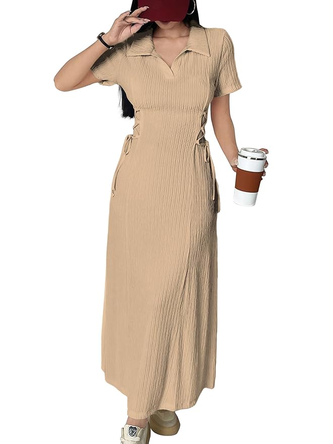 Shasmi Women’s Solid Color Applique Lace-Up Collared Short Sleeve, Side-Tie Waist Long Casual Maxi Women Dress Outfit Long Evening Midi Western Party Dress for Women (Dress 211)