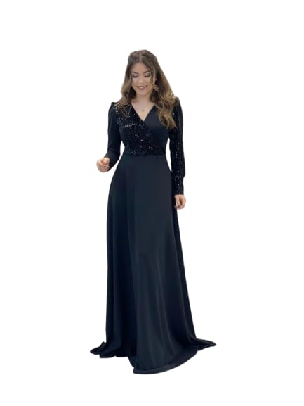 Elegant Evening Gown, Long Sleeve Sequin Bodice, Floor Length Black Formal Dress