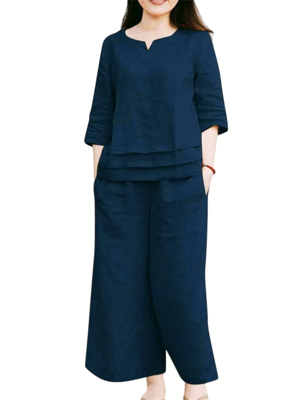 Women’s Cotton Linen Co-ord Set, 3/4 Sleeve Top with Wide-Leg Trousers, Navy Blue