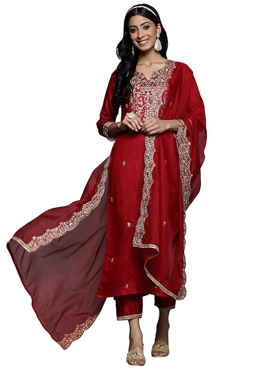 INDO ERA Women’s Viscose Embroidered Straight Kurta & Pant with Dupatta Set, Kurta Set