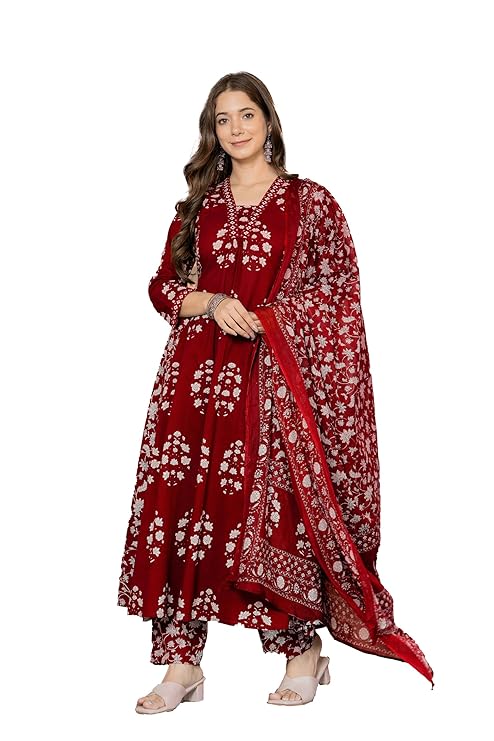 PARTHVI Women’s Pure Cotton Block Printed Ethnic Wear Kurta & Palazzo Pants & Dupatta Set