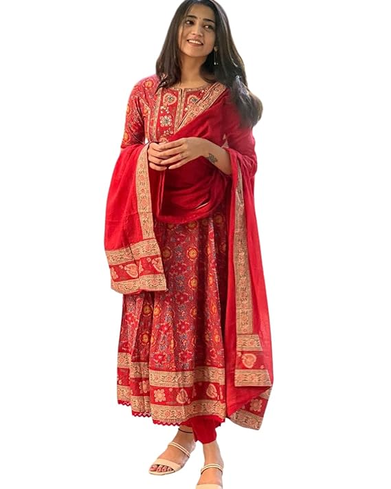 Women’s Cotton Anarkali Embroidery Designer Long Anarkali Kurti with Pant and Dupatta Set (Red)