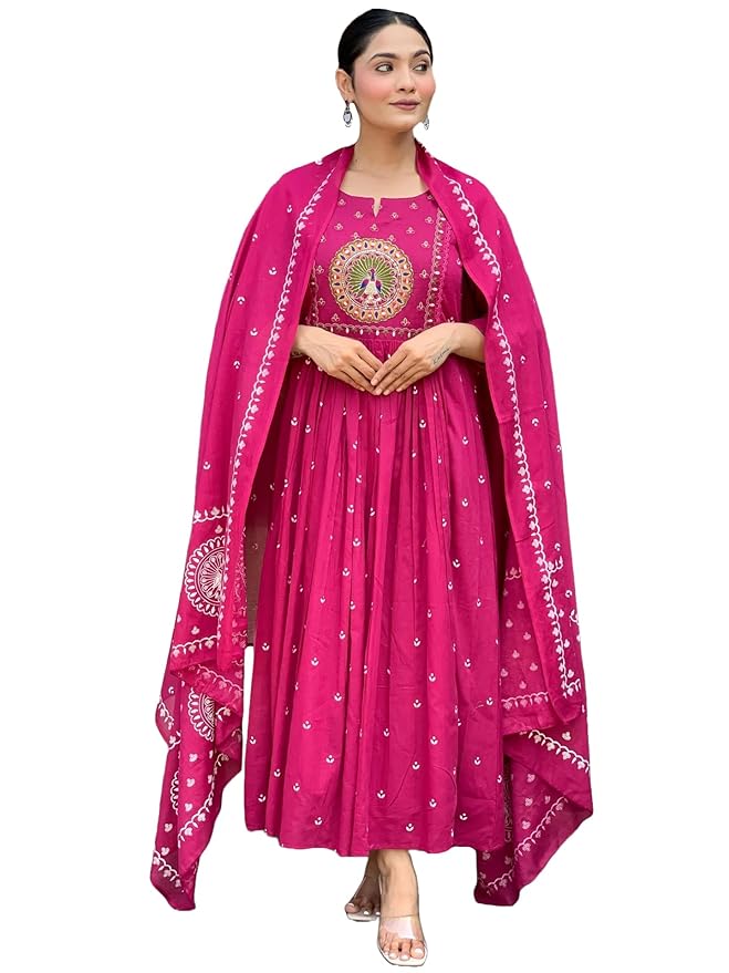 GoSriKi Women’s Embroidered Anarkali Kurta Set | Elegant Ethnic Wear for Festive, Kurti Set for Woman | Elegant Suit Set for Women Cotton | Women Kurta Sets with Dupatta Cotton