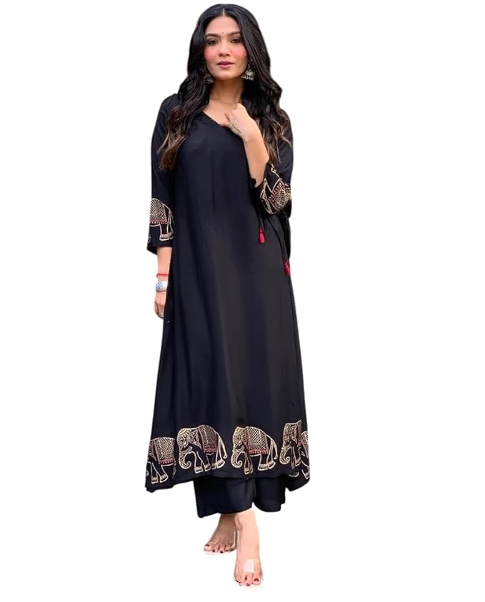 ReshaCraft Women’s Rayon Embroidered Straight Kurti with Pant Set