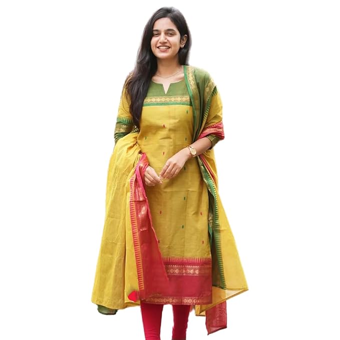 TWINLIGHT Women’s Kanchi Cotton Jaquard Work Kurta and Dupatta Set with V Neck 3/4 Sleeves Straight Calf Length Kurti and Jaquard Work Border Dupatta