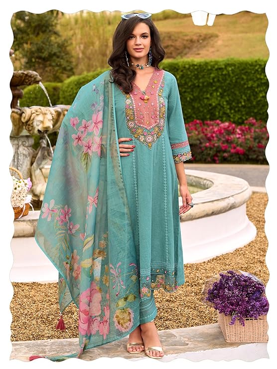 INDO ERA Women’s Anarkali Pure Cotton Floral Printed Embroidered Kurta & Pant with Dupatta Set (IEOUT10688)