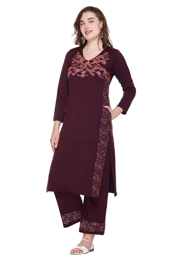 Rosary Women’s Woolen Winter Embroidered Kurta with Palazzo | Warm Ethnic Suit Set – 2 Piece Outfit