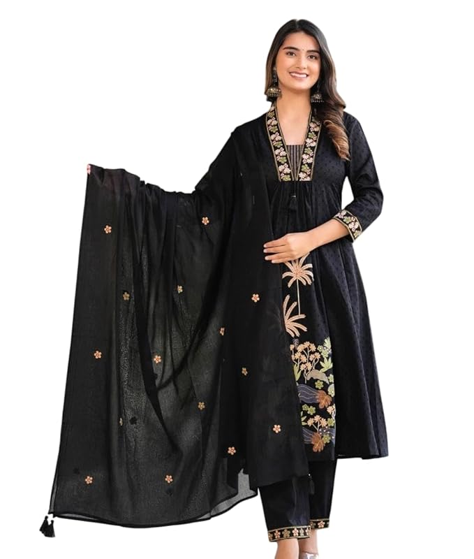 Women’s Cotton Embroidery Straight Kurti with Pant Set (Black-XL)