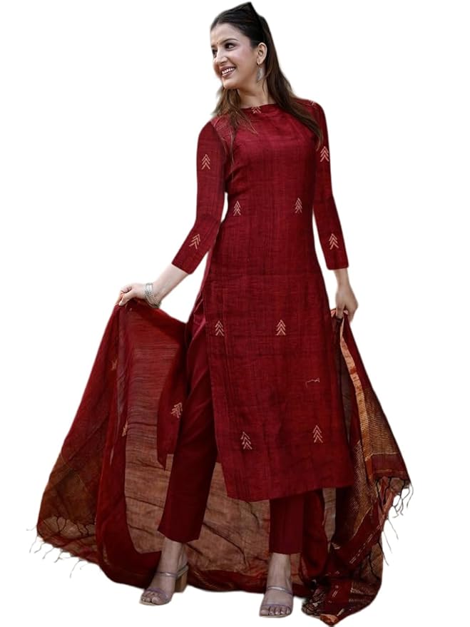 ANNI DESIGNER Pure Cotton Maroon Kurta Pant Set with Dupatta for Women | 3 Piece Gold Hand Block Printed Suit Set | Cotton Kurta Set for Women | Festive Kurti Set