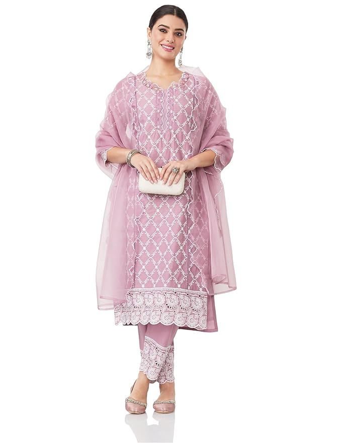 Amazon Brand – Myx Women’s Embroidered Cotton Kurta Pant Set with Organza Dupatta (Available in Plus Sizes)