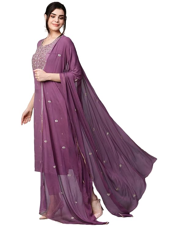 GoSriKi Women’s Cotton Blend Embroidered Kurta Set with Pant & Dupatta – Straight Calf‑Length, 3/4 Sleeve, Round Neck – Elegant Ethnic Attire (5 Colors, S–5XL)