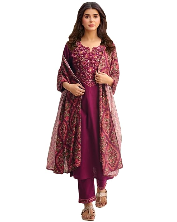 GoSriKi Women’s Rayon Viscose Embroidered Straight Kurta with Pant & Dupatta