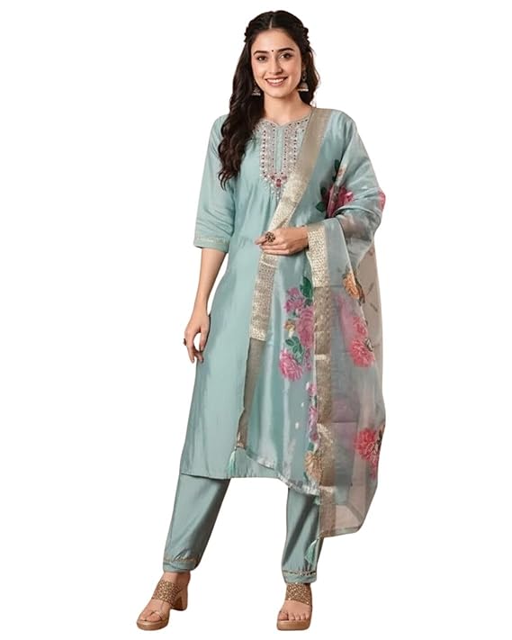 Women’s Straight Kurta Pant Set with Organza Dupatta | Ethnic Embroidered Kurta Pant with Floral Dupatta