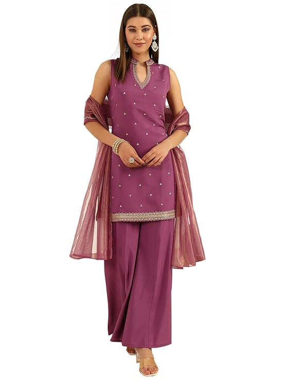 FIORRA Women’s Lavender Viscose Chanderi Straight Kurta with Palazzo and Dupatta