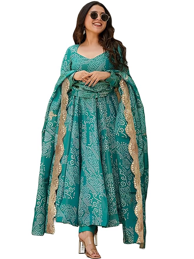 Pinkmint Women’s Bandhani Print Flared Anarkali Muslin Kurta Set with Pant & Stylish Dupatta Ethnic Long Sleeve Dress Suit Set