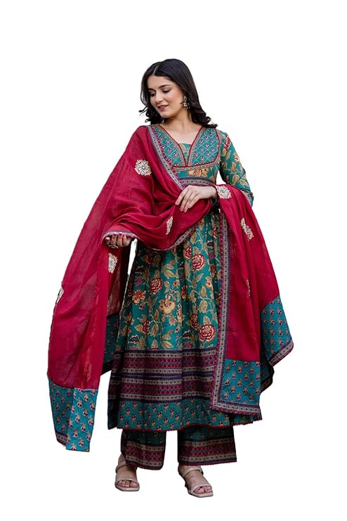 Pistaa’s Women’s Pure Cotton Anarkali Floral Printed Kurta with Palazzo & Dupatta Set
