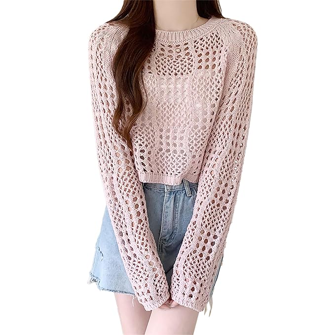 ICW Women’s Knitted Crochet Transparent Long-Sleeve Hollow Out Sheer Pullover Top T-Shirt Sweater Dn61 (One Size Fit XS-S-M-L)