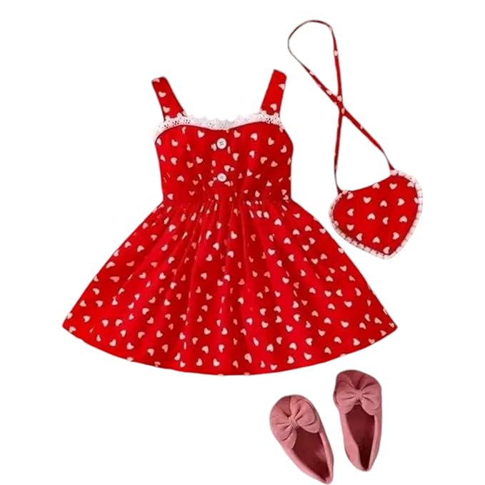 Baby Girls’ Pure Cotton Midi Length Trendy Red Heart Print Dress with Matching Purse