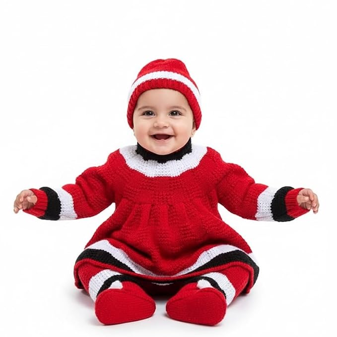 Baby Girl Woolen Frock Style Sweater Dress Set | High Neck Tie-Up Winter Outfit with Pyjami, Cap & Booties | Warm 4-Piece Clothing Set for 6-12 Months