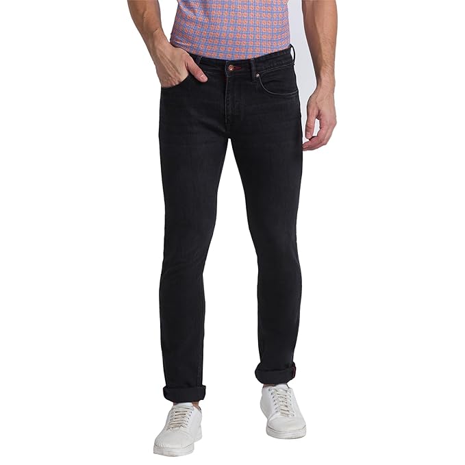 Raymond Men’s Cotton Blend Solid Pattern Slim Fit Flat Front Jeans