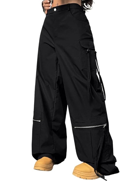 GRECIILOOKS High Waist Cotton Trousers for Women – Flared Parachute Pants with Side Pockets | Casual Travel Cargo Pants (Available in Plus Size)