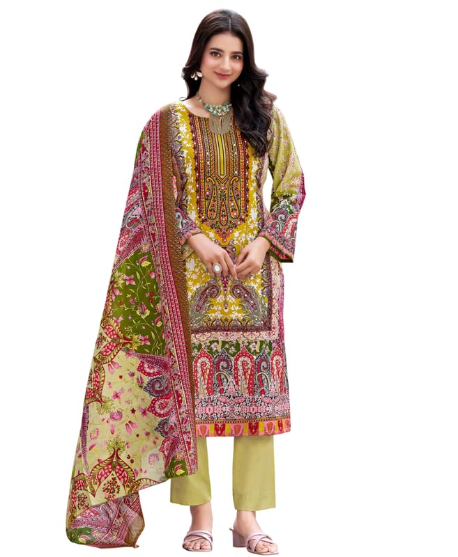 MOJILAA Women’s Grey Cotton Blend Floral & Leaf Print Pakistani Style Kurta With Pant & Printed Dupatta | Pakistani Print Salwar Kameez | Mirror Work Salwar Suit | Pakistani Women Kurta