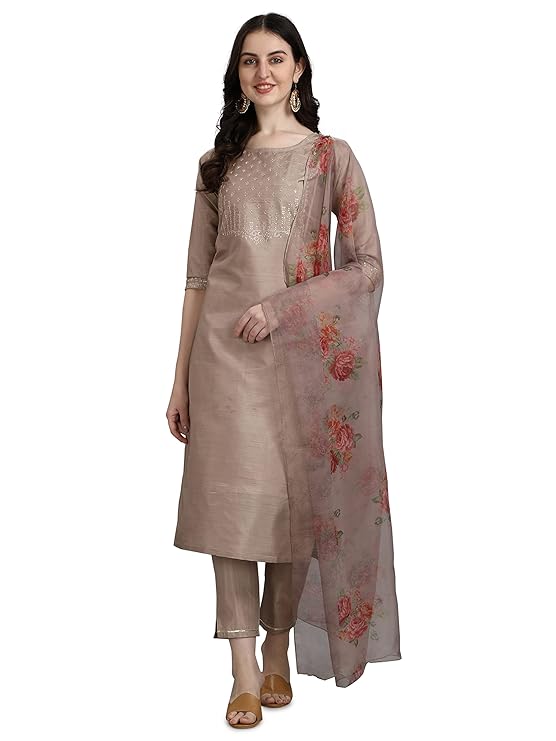 VredeVogel Women’s Silk Blend Embroidered Straight Kurta Pant Set with Organza Dupatta