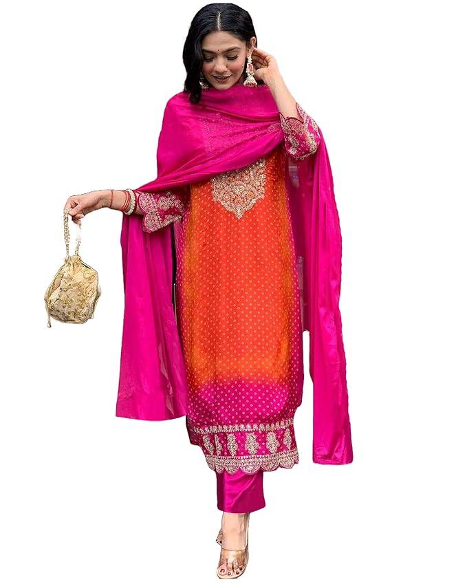 GoSriKi Women’s Rayon Blend Straight Embroidered Kurta with Pant & Dupatta